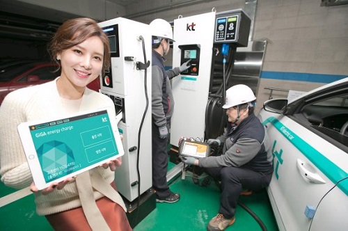 KT가 경기도 성남시 분당사옥 내 KT EV 테스트베드에 구축한 V2G 충방전기와 사내업무용 전기차를 통해 V2G 테스트를 하고 있다.
